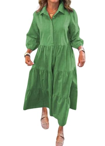 Image of chouyatou Women's Loose Fit Puff Sleeve Maxi Tiered Babydoll Dress V-Neck Cotton Long Button Down Dress