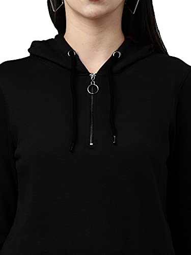 Image of Maniac Women's Solid Round Neck Full Sleeve Black Zip Cotton Sweatshirt
