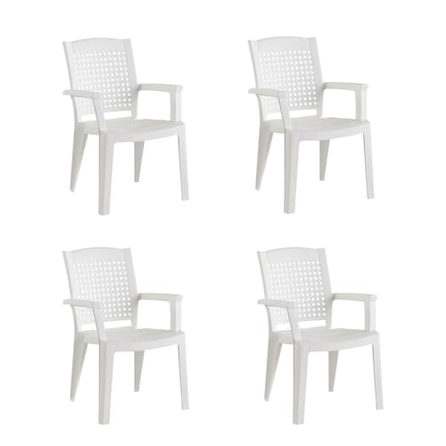 SP Berner SHAF - Pack 4 Sillas - Jardín Exterior y Terraza - Plástico Reciclado Resistente UV - Apilables - Modelo Metal - Blanco