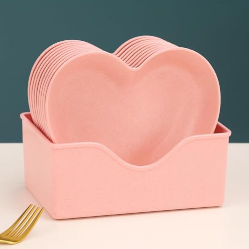 Image of DEVAR Plastic Heart Shape Snack & Dessert Plate Set for Kids with Stand | Lightweight, Eco-Friendly & Microwave Safe Chat Plates | Wheat Straw Fiber | Pink, Set of 10