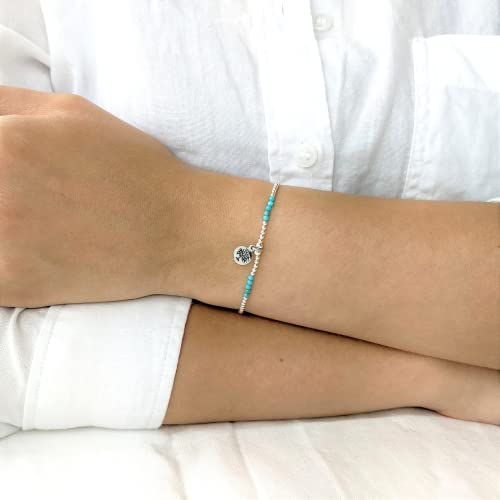 Silverly Sterling Silver Turquoise Bead Bracelet With Engraved Tree Charm - Small Ball Beaded Elastic Bracelet in 925 Silver - Stacker Jewelry for Women - Blue Gemstone Stretch Friendship Bracelets4