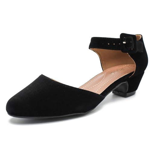 LIURUIJIA Women's Low Block Chunky Heels Closed Toe Ankle Strap Work Wedding Dress Pumps Shoes Velvet Black 40 US 8