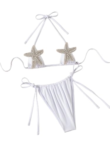 GORGLITTER Women's Micro G-String Bikini Starfish Decor Sexy Swimwear Halter Triangle Top Tie Side Bottom Two Piece Swimsuit