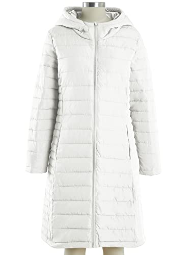 Fangetey Womens Winter Lightweight Hooded Coat Long Sleeve Warm Zipper Outwear Casual Mid Length Quilted Jacket White Large #TOP5
