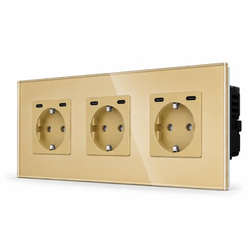 Toma de corriente triple de cristal oro con carga rápida USB C doble de 20W