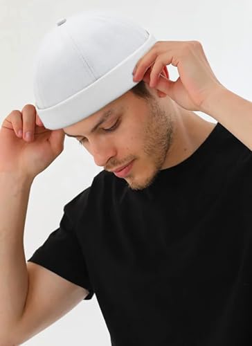 Image of 2 Pcs Mens Brimless Docker Cap Set - Retro Worker Sailor Skull Cap Beanie with Rolled Cuff
