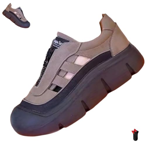 Aphrot Women Shoes,Leather Soft Sole Zip Walking Sandals with Heel,Trendy Hollow Casual Thick Orthopedic Shoes