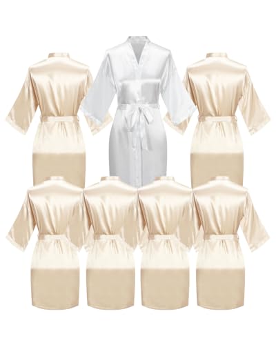 Image of 7 Pieces Women Silky Robe Satin Kimono Wedding Shower Bride Bridesmaid Bathrobe Spa Party Sleepwear