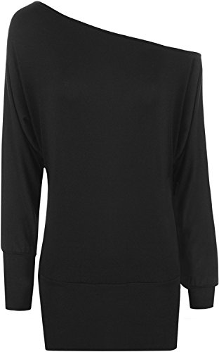 WearAll - Damen einfach aus Schulter 'Batwing' Tunika Langarm Top - Schwarz - 36-38