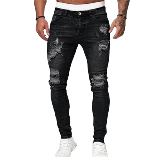 Men Motorcycle Streetwear Stretch Straight Slim Jeans Ripped Pencil Small Foot Skinny Jeans