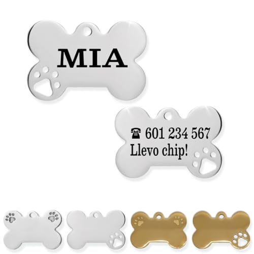 Ibera Gifts - Chapa Perro Grabada De Acero Inoxidable En Forma De Hueso, Tamaño 25 x 16 mm, Placa Perro Personalizada Para Cachorros y Mascotas Muy Pequeñas (Peq. 1 Huella)