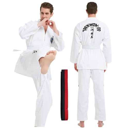 CHUIKUAJ Karate Gi para Adultos y Niños, Uniforme de Taekwondo ITF, Bordado de Polialgodón, Uniforme de Entrenamiento/Combate para Estudiantes con Cinturón,White-190