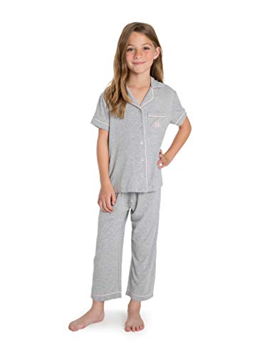 Barefoot Dreams Malibu Collection Disney Princess Youth Piped PJ Set HE Gray -Short Sleeve Piped PJ Top & Cropped Pants Set, Jersey Pajama Set-Luxury Loungewear-Kids Pjs-HE Gray, 12/14