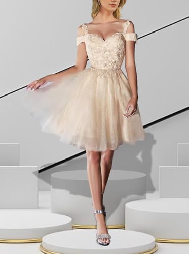 Off The Shoulder Tulle Homecoming Dresses for Teens Lace Applique Short HOCO Dresses Sparkly Cocktail Dresses for Women3