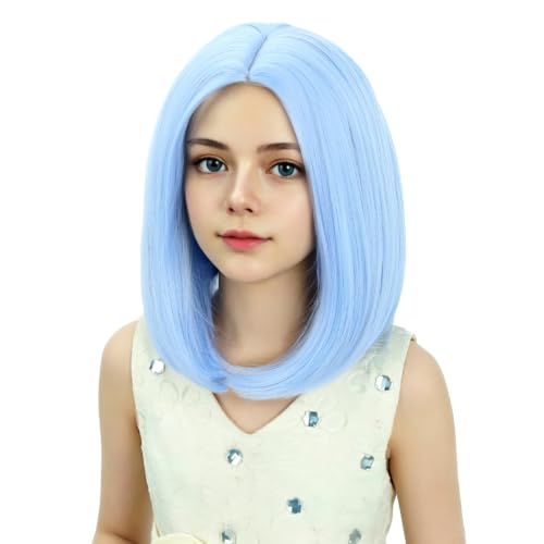 Image of Kids Blue Wig Girls Pale Blue Bob Wig Child Short Bob Wig Middle Part Wig for Kids Synthetic Wigs with Wig Cap