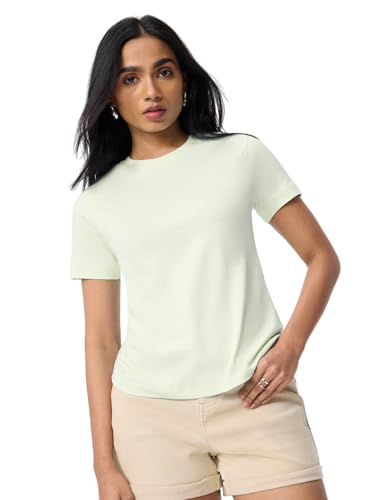 Image of The Souled Store Casual Classics: Women and Girls Short Sleeves Spread Collar Solid Cotton Regular Fit Breathable Lightweight Trendy Everyday T-Shirt