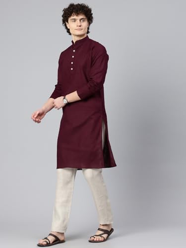 Image of Majestic Man Men's Cotton Regular Fit Casual Mandarin Collar Ethnic Motifs Solid Long Kurta