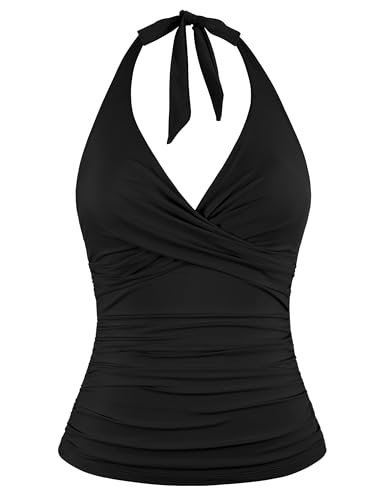 Hilor Women's Underwire Tankini Tops Ruched Tummy Control Bathing Suit Tops Plunge Halter V Neck Swimsuit Twist Swim Top Only