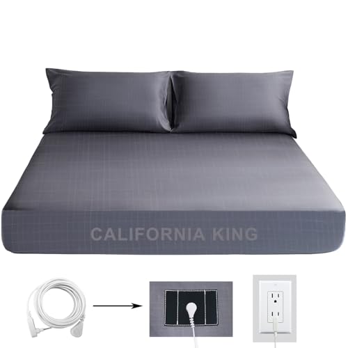 Grounding Bed Sheets California King Grounding Deep Pocket Fitted Sheet Cotton Silver Fiber Grounded Sheets Earth Connected Sheet(72x84x14 Grey)