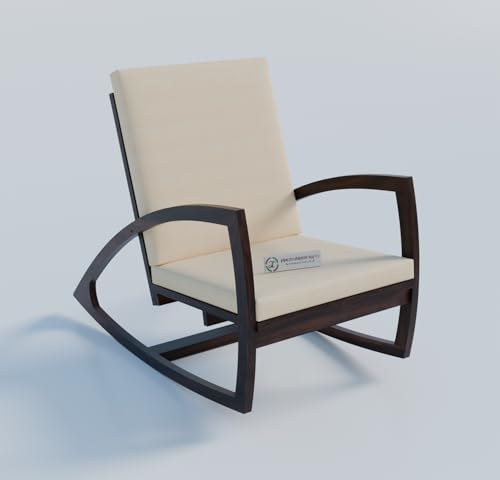 Image of Jangid Handicraft Solid Sheesham Wooden Rocking Chair for Living Room | Lounge Chair for Bedroom | Contemporary Swing Arm Chair for Balcony | Modern Arm /Sofa Chair | White Cushion & Walnut Finish