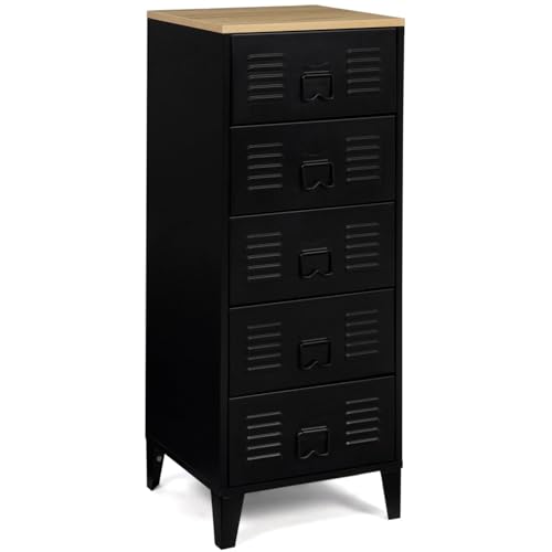 IDMarket - Chiffonnier 5 tiroirs Ester 40 cm métal Noir et Plateau façon hêtre Design Industriel