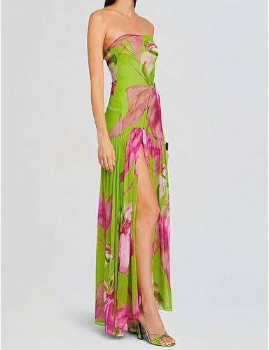 Image of Willow Dance Women Tube Top Dress Printed Mesh Patchwork Maxi Dress Strapless Sexy High Slit Long Dresses Party Clubwear