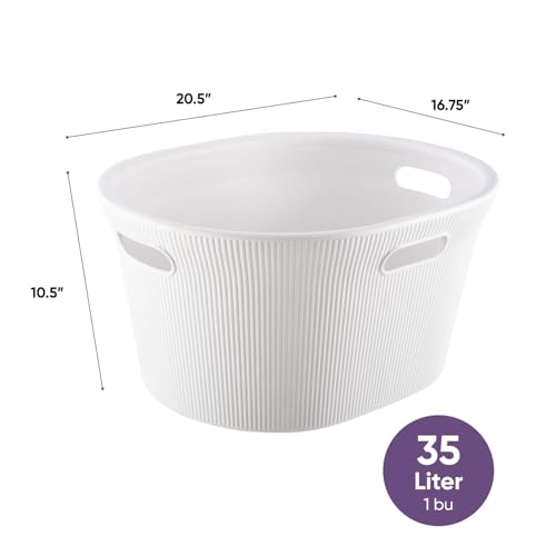 Image of Superio Ribbed Collection - Decorative Plastic Laundry Basket with Cut-Out Handles, White (2 Pack) Hamper Organzier for Bedroom Bathroom College Dorm Room 35 Liter