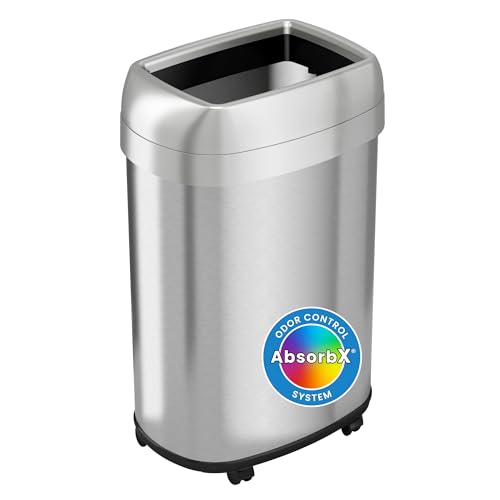 Image of iTouchless 13 Gallon Open Top Kitchen Trash Can Recycling Bin with Wheels and Double Odor Filters Oval Commercial Stainless Steel 50 Liter Trashcan for Home Office Work Bedroom Livingroom Garage