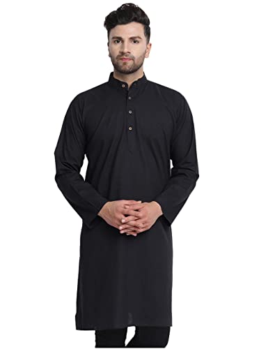 In-Sattva Men's Indian Banded Classic Collar Pure Cotton Long Kurta Tunic; Black; LG