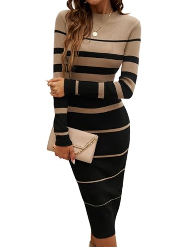 HUXRAKV Vestido de Punto para Mujer con Rayas, Mangas Largas, Cuello Redondo, Ajustado al Cuerpo, Midi Suéter Vestidos para Otoño e Invierno, WD48-Negro, XL