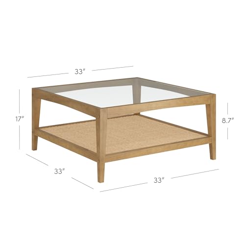 Image of Nathan James Hayes Glass Top Coffee Table, Solid Wood Coffee Table with Glass Top and Rattan Bottom Shelf, Light Brown