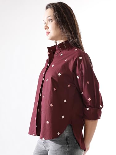 Image of High Star Women Embroidered Oversized Spread Collar Long Sleeves Shirts