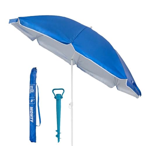 LOLAhome Pack de sombrilla de playa de 8 varillas y soporte de arena con protección solar UPF+50 de acero y nylon azul, de Ø 200 cm