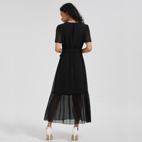 Image of Women's Summer Bohemian Floral Chiffon Dress Cap Sleeve V Neck Ruffle Long Flowy Boho Casual Vacation Dresses