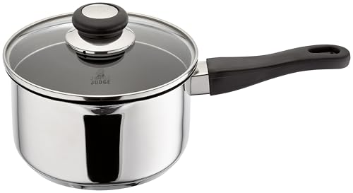 Judge Vista Draining Non-Stick Large Saucepan with Pouring Lip 18cm 2.1L Shatterproof Glass Strain & Pour Lid, Induction Ready, Oven Safe