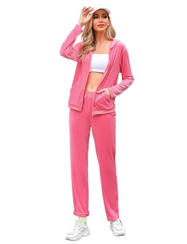 Marvmys Velvet Tracksuit Women 2 Piece Outfits Velour Sweatsuit Set Solid Warm Zipper Hoodie Jogging Suits Pink S