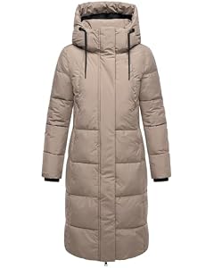 MARIKOO Damen Langer Wintermantel warmer Steppmantel mit abnehmbarer Kapuze und magnetischen Details Chumanii XVI Taupe Grey Gr. S