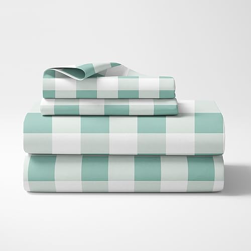Image of Haus & Kinder 186 TC Bed Wrinkle-Free Glace Cotton Bedsheet with 1 Pillow Cover for Kids Room, Cottage Core Design - 88 x 57 Inches, Mint