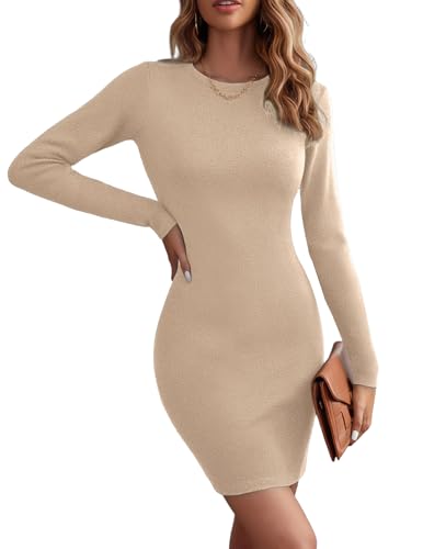 Hotouch Strickkleid Damen Langarm Herbst Pulloverkleid Bodycon Winter Kleid Kurz Rundhals Elegante Minikleider Einfarbige Sweater Dress Beige M