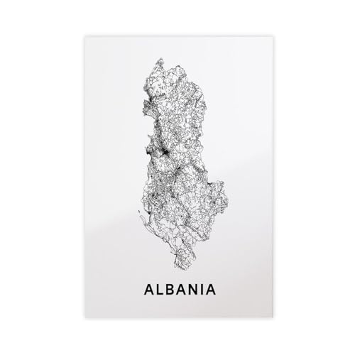 SWDXA Albania Map Street Country Black And White Office Decor Canvas Poster Wall Art Prints Room Aesthetic Murals Bedroom And Living Decorations 12" L X 18" W