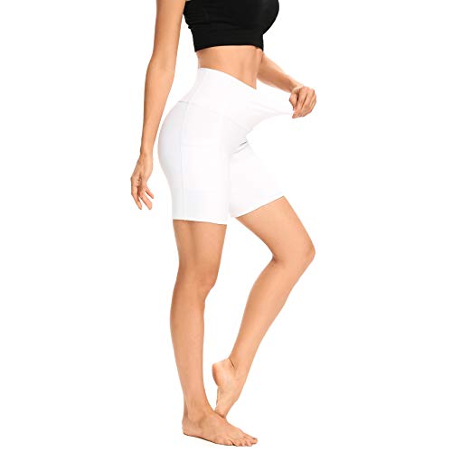 Lxnmgo Women's 7" Biker Shorts With Phone Pockets, High Waist Athletic Workout Running Yoga Shorts White, M #TOP1