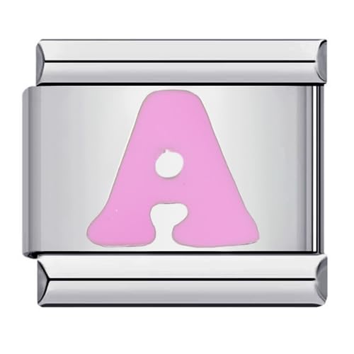 Image of Mon & Sons A Pink Letter Initial Name Alphabet Personalised Charm Silver 9mm Italian Link Link Charm Compatible With Bracelet