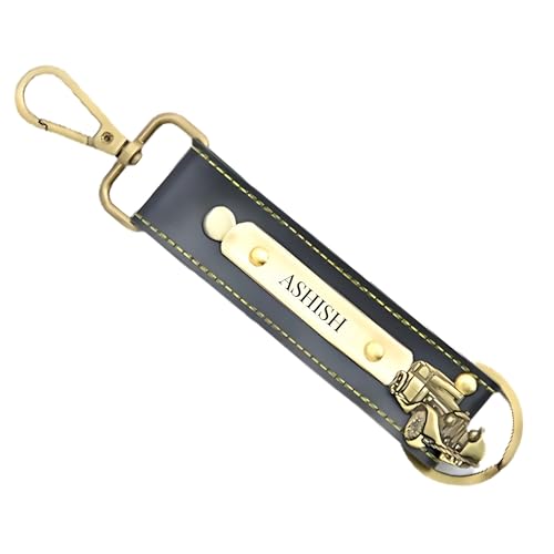 Image of Personalized Leather Keychain with Custom Name and Metal Charm, PU Leather with Hand Stitching, Adjustable Keyholder