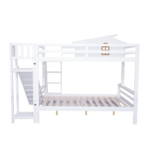 Idemon Litera con ventanas características y escalera basculante de cuatro niveles, para niños y cama madre con tobogán, con dos cajones, marco de cama de madera maciza, color blanco, 90 x 200 y 120 x - imagen 4