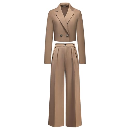 Lamgool Women's Suit 2 Piece Casual Outfits Cropped Blazer High Waisted Wide Leg Pants for Work