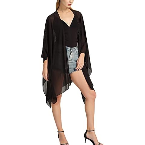 Women's Floral Print Chiffon Kimono Cardigan Loose Cover Up Casual Long Boho Sheer Cardigans Plain Black Cover