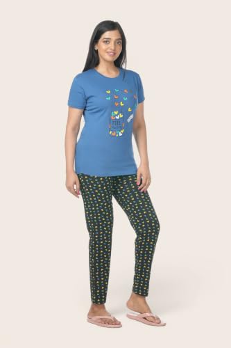 Image of Fly Birds Women Pure Cotton Tshirt and Pyjama AOP Set