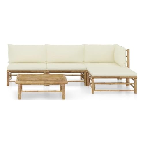 Afuera Living 5 Piece Bamboo Garden Lounge Set, Modular Design, Cream Cushions, Eco-Friendly Durable Outdoor Sofa Set with Table, Terrace or Patio Seating for up to 5 People