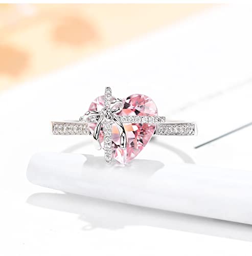 Shiny Pink Heart Shaped Cubic Zirconia Bow Open Ring for Women Dainty Cute Elegant Promise Engagement Wedding Statement Simulated Diamond Anniversary Valentine's Day Birthday Ring for Her2