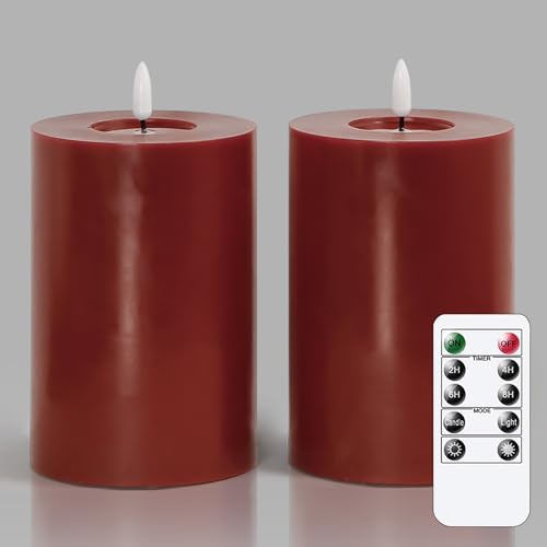 Image of Flameless Flickering 4 inch x6 inch Real Wax Burgundy Remote Candles with Candle Grease, Pack of 2 Timer LED Battery Operated Fake Warm Light Pillar Candles for Home, Banquet, Ceremony Decoration